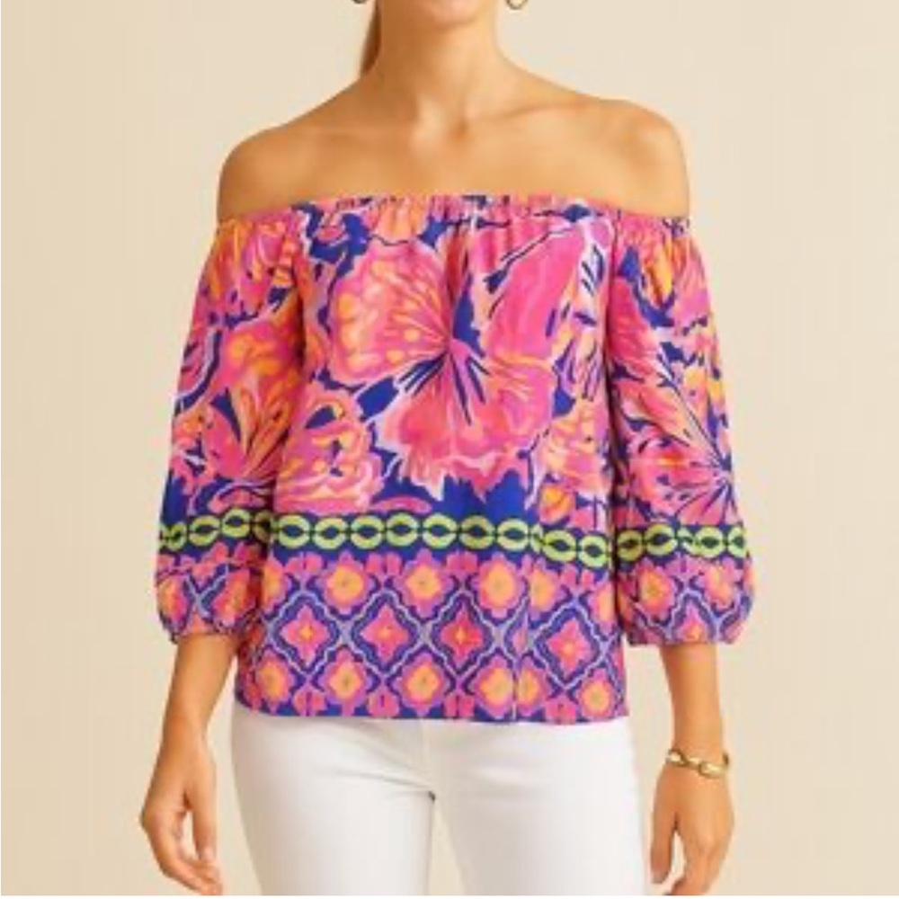 Lilly Pulitzer Pink and Blue Sanilla Silk Vibrant Blouse